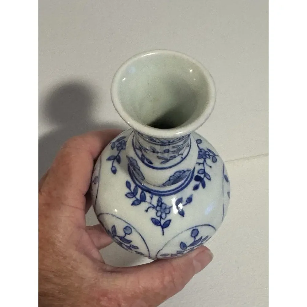 Vintage Hand Painted Vase Blue/white Cottagecore Thailand